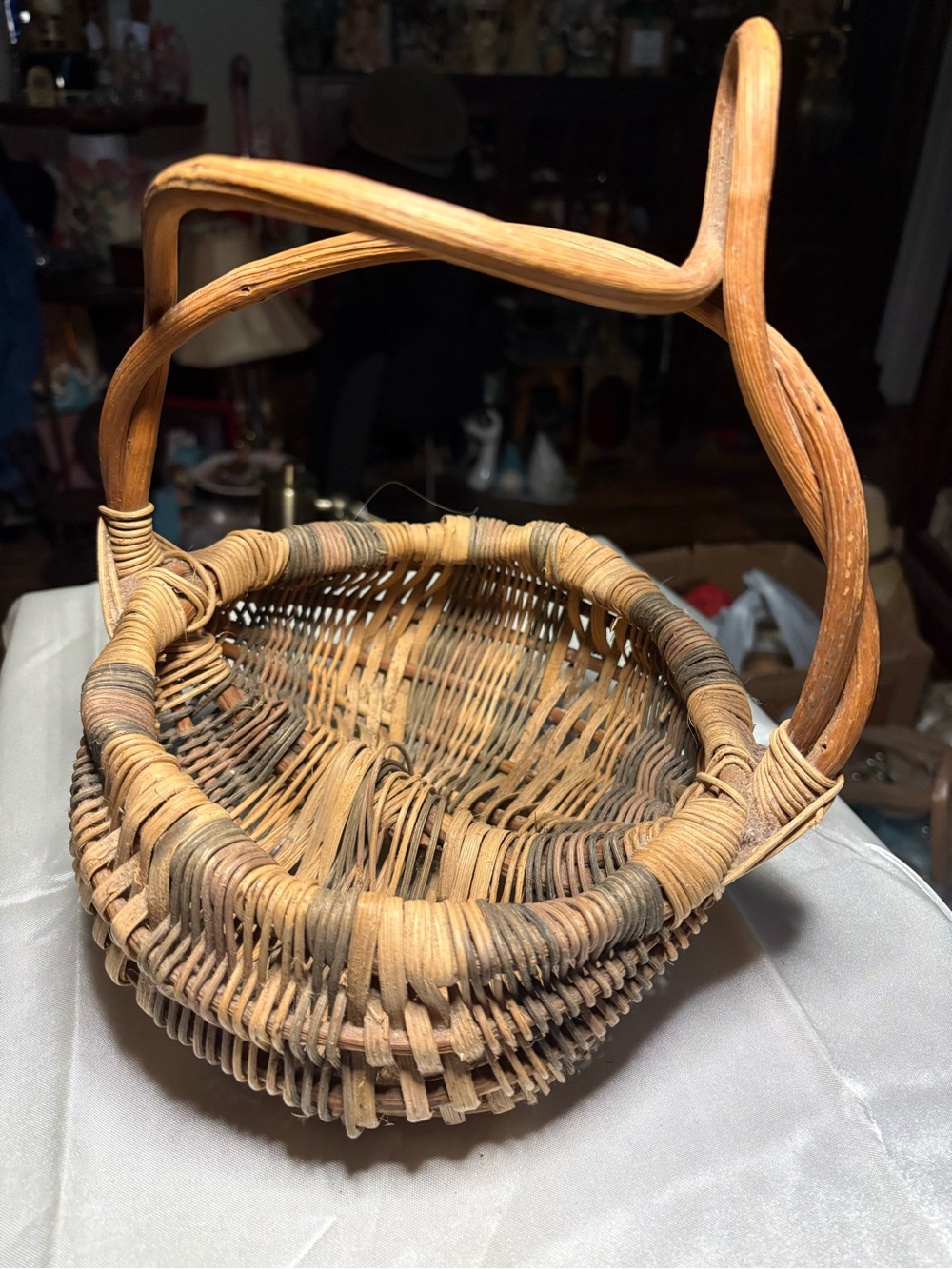 Vintage Handwoven Buttocks Basket with Twisted Vine Handle